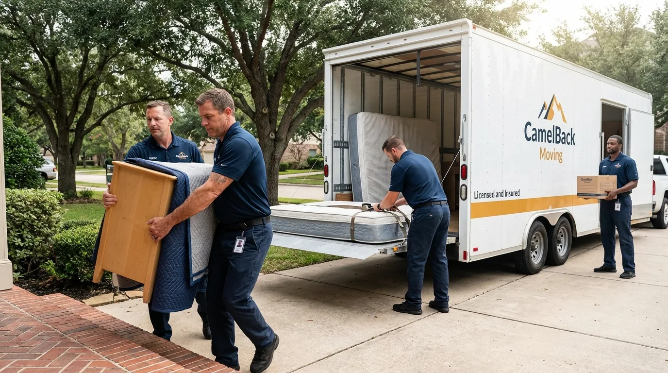 Crew loading residential truck for cross-state move from Bowman, ND