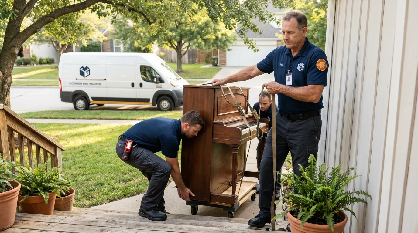 Licensed piano movers securing grand piano in Bowman, ND
